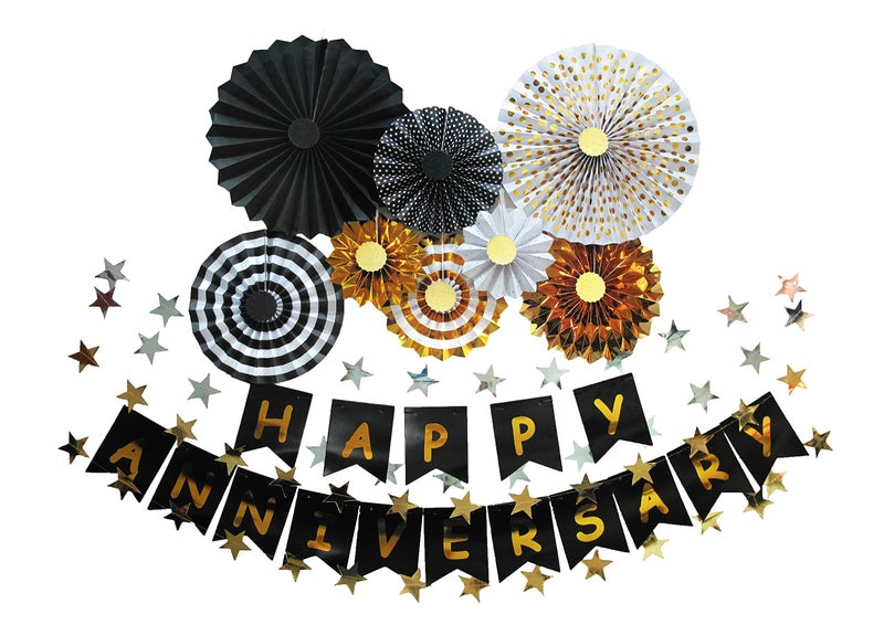 ZoZac Happy Anniversary Banner Party Hanging Paper Fans Decoration for Birthday Wedding Party, Happy Anniversary Decorations. - Image 1